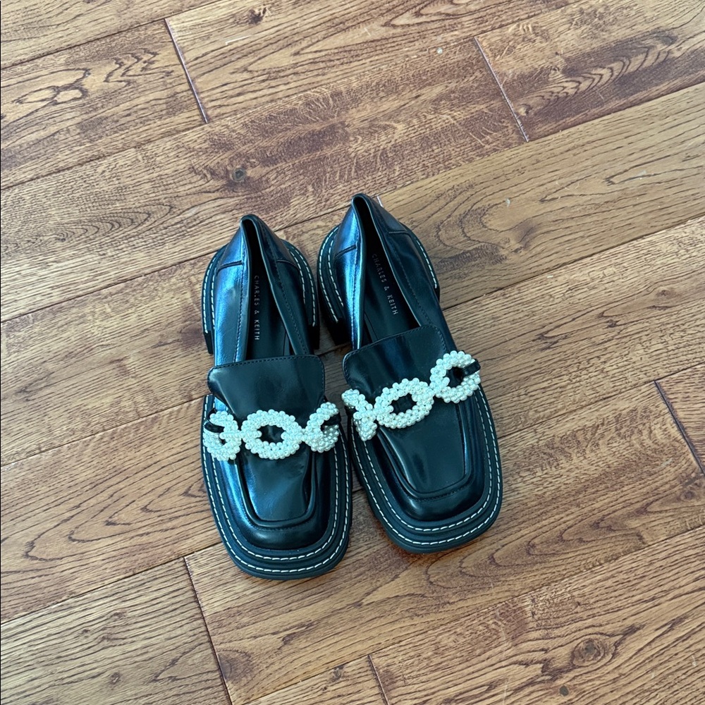 Charles & Keith Black Loafers with Pearl Accent
